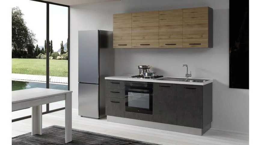 Gilda cucina 195 cm colore cemento scuro e rovere cadiz