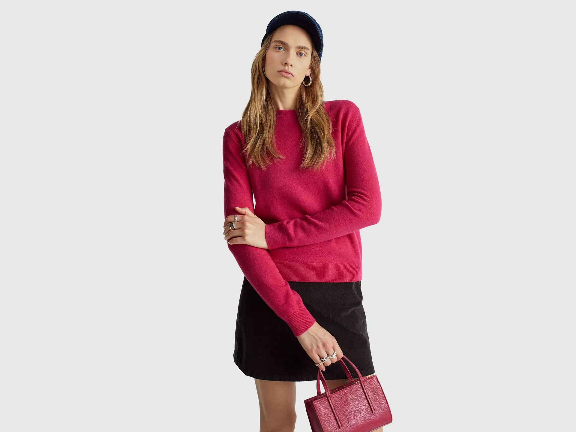 Maglia girocollo fucsia in lana Merino