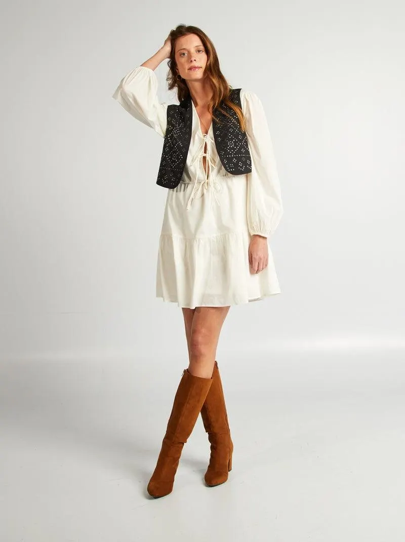 Vestito in popeline con laccetti e scollo a V - BEIGE