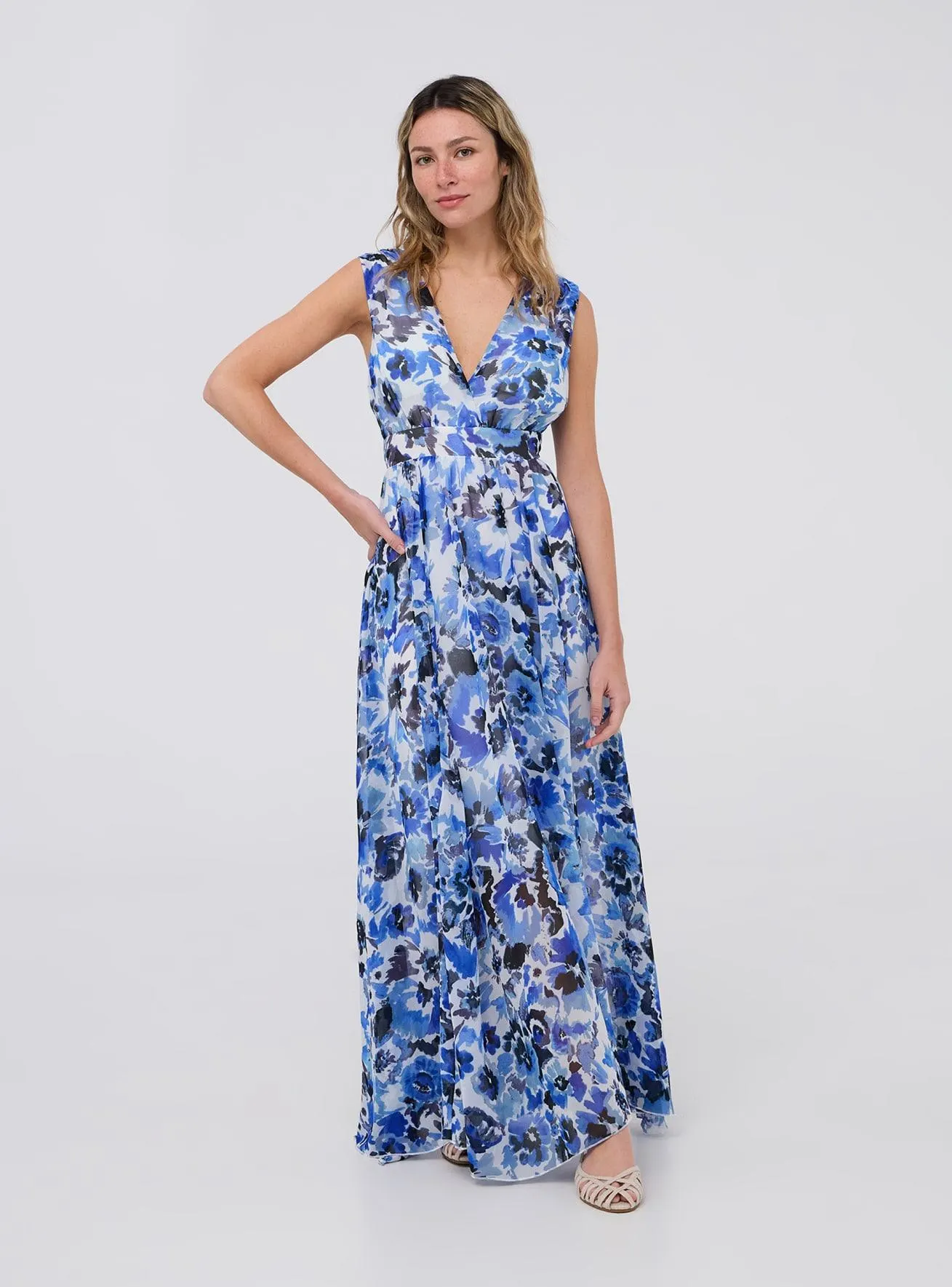 Vestito lungo fantasia con scollo a V Var blu scuro