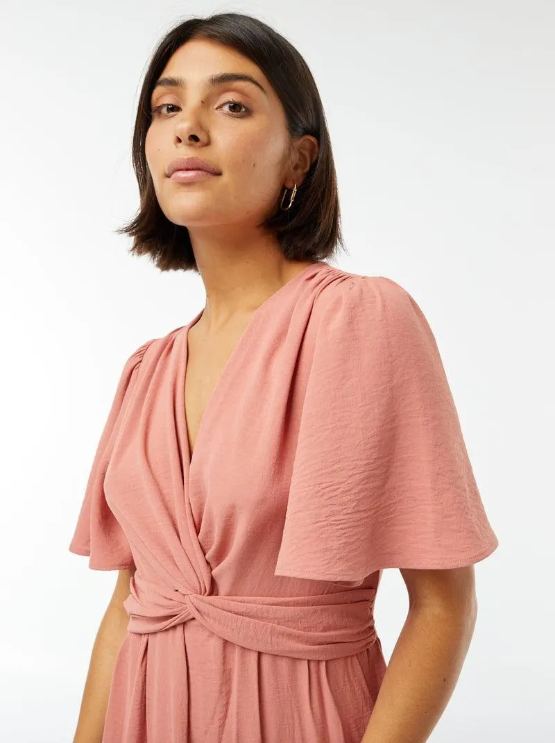 Vestito lungo con scollo effetto incrociato e annodato - Rosa