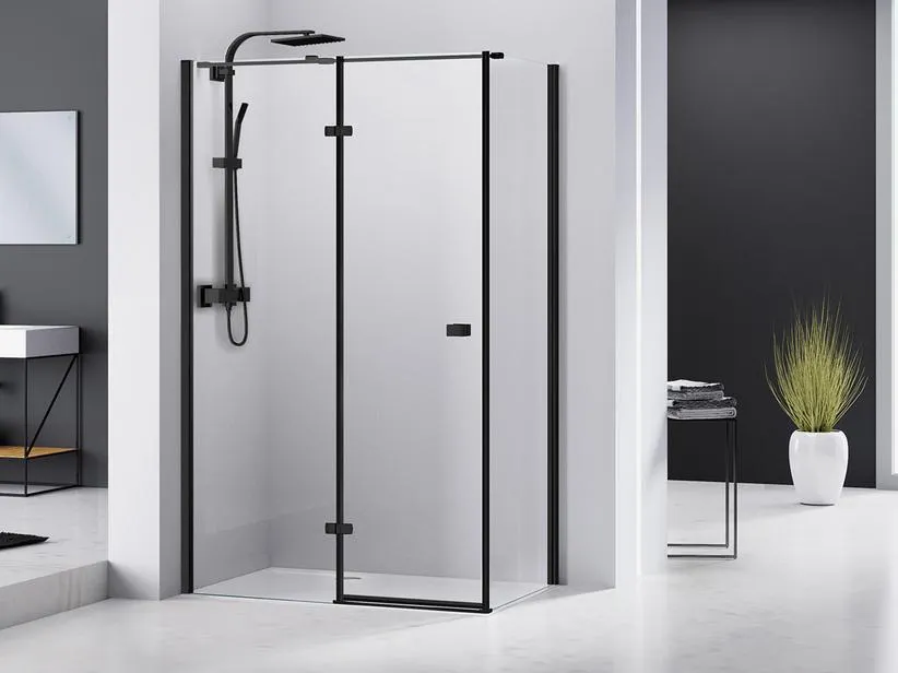 Box Doccia Angolare Chakra 80x100 H195 Porta a battente Apertura a Sinistra e Lato Fisso Cristallo 8 mm Trasparente Nero opaco