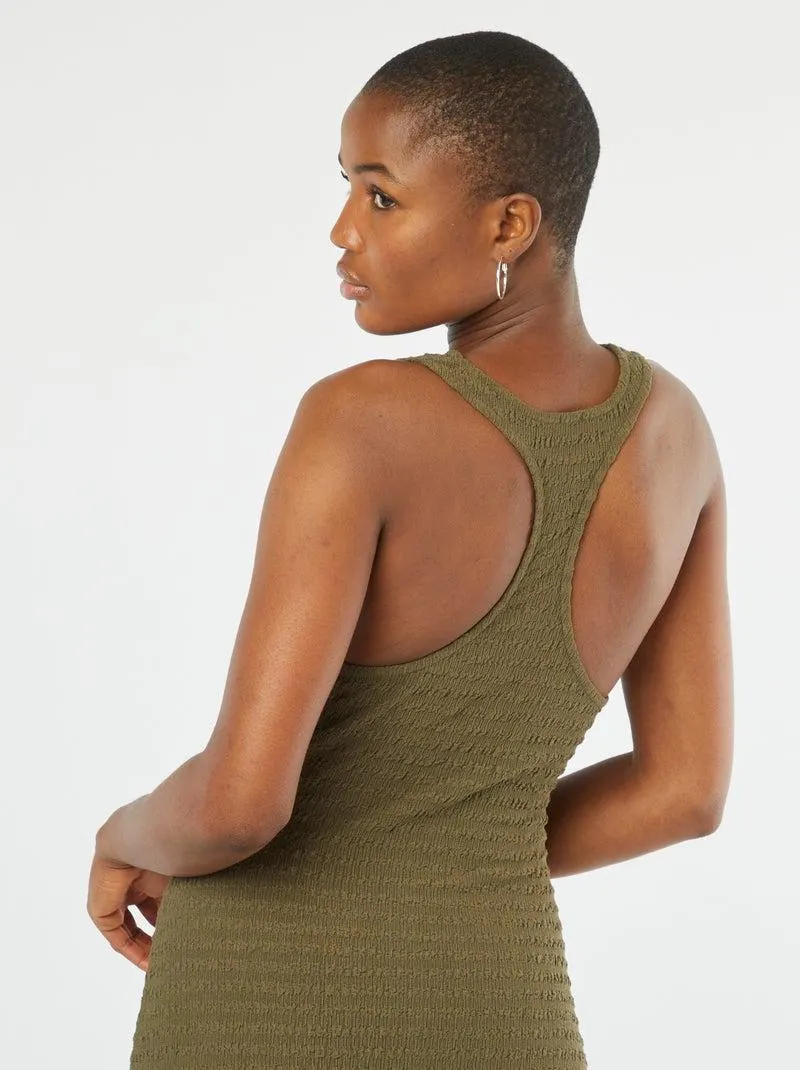 Vestito midi tessuto stretch e goffrato con giromanica americano - KAKI