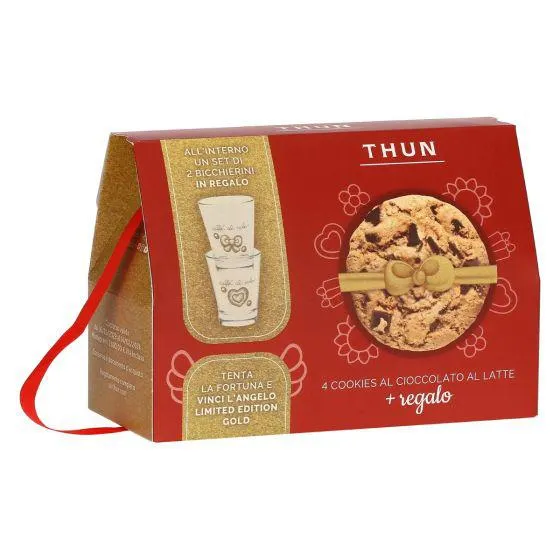 Set regalo con 4 cookies cioccolato al latte e set 2 bicchierini Gold Icon