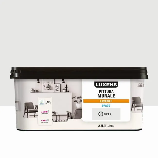 Pittura per interni per parete e soffitto lavabile, LUXENS Opaca bianco cool 2 opaco, 2.5 L
