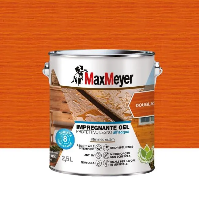 Impregnante per legno da esterno a base acqua MAXMEYER Gel douglas opaco 2.5 lt, 8 anni di protezione.