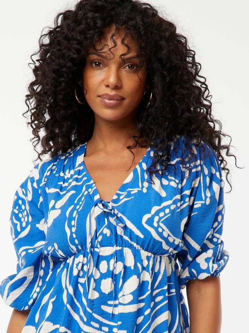 Vestito corto con maniche 3/4 e motivo - Blu