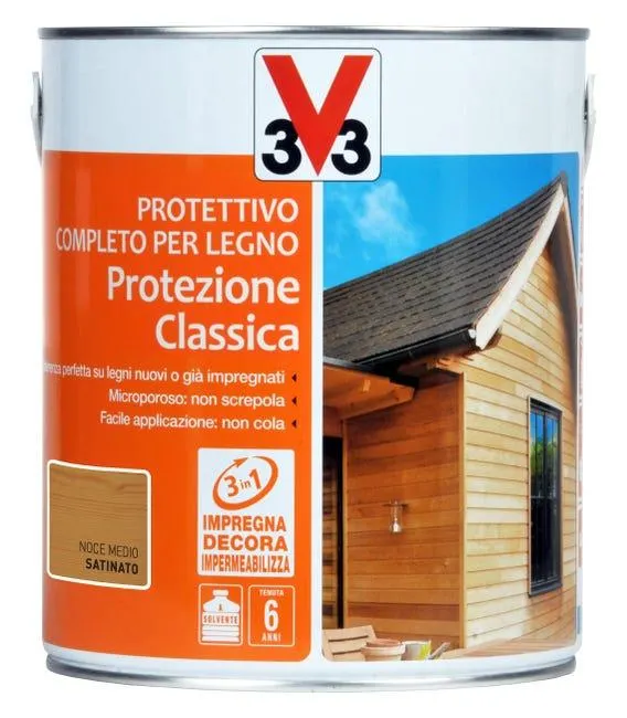 Impregnante per legno da esterno a con solvente V33 Protezione classica noce medio satinato 2.5 lt, 6 anni di protezione.