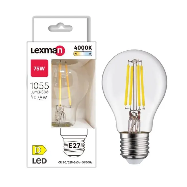 Lampadina LED filamento, E27 goccia, trasparente, luce naturale, 7.8W= 1055 LM (equiv 75 W), 330°, LEXMAN