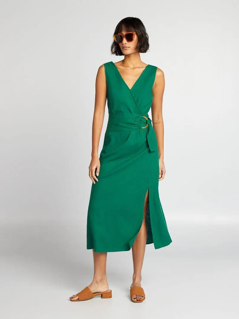 Vestito con scollo incrociato e cintura - VERDE