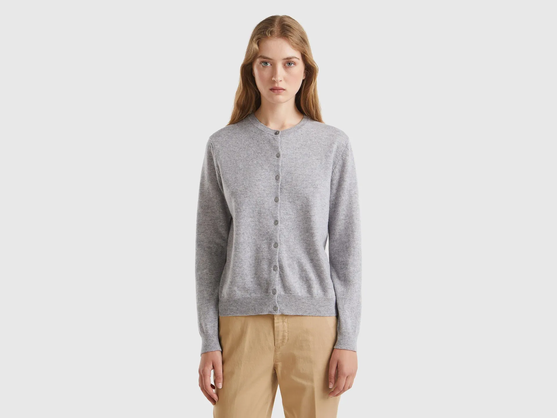 Cardigan girocollo grigio mélange in pura lana Merino