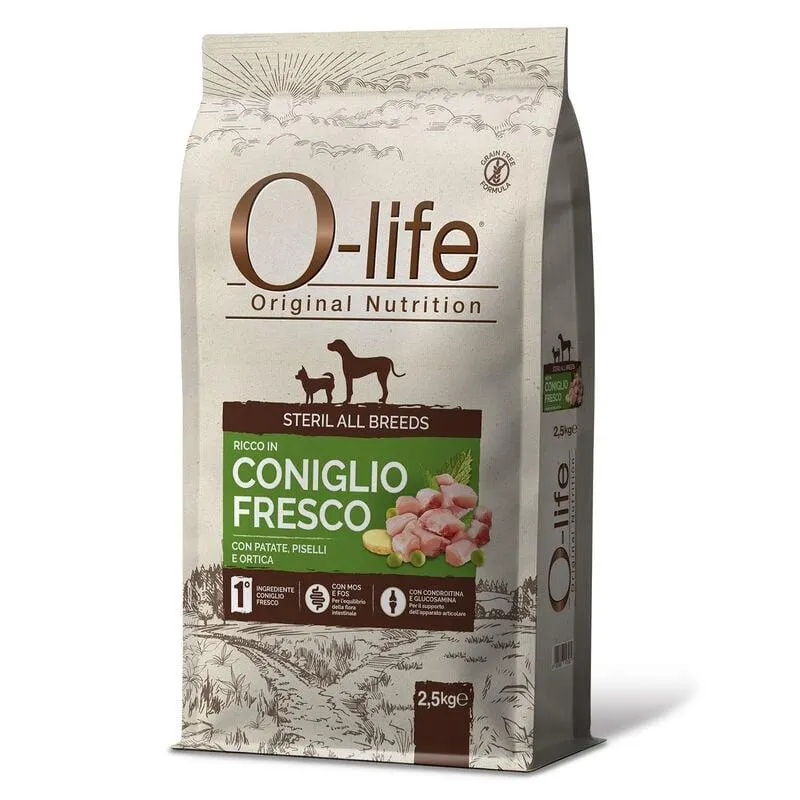 O-life Dog Steril All breeds ricco in Coniglio fresco con patate piselli e ortica 2,5 kg