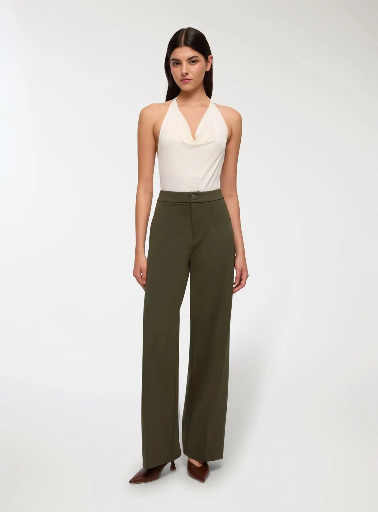 Pantaloni wide leg con vita elasticizzata Verde militare scuro
