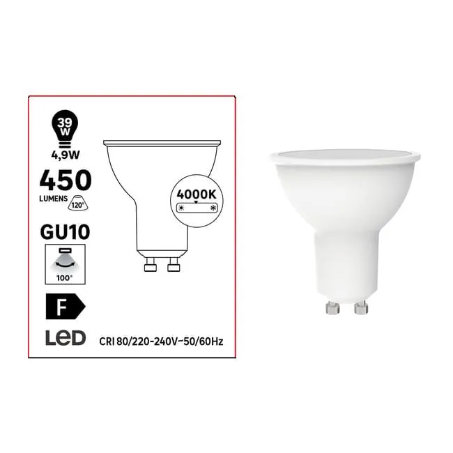 Lampadina LED, GU10 faretto, trasparente, luce naturale, 4.9W= 450 LM (equiv 39 W), 100°