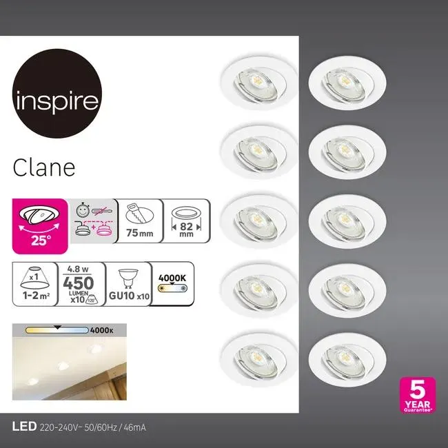 Set da 10 pezzi, faretto da incasso con fonte luminosa orientabile GU10 INSPIRE CLANE NATURALE bianco Ø 8.2 cm Luce bianco naturale