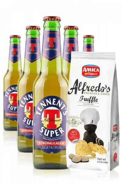Tennent's Super da 24 x 33cl + Amica Chips Tartufo Alfredo's 3 x 100gr