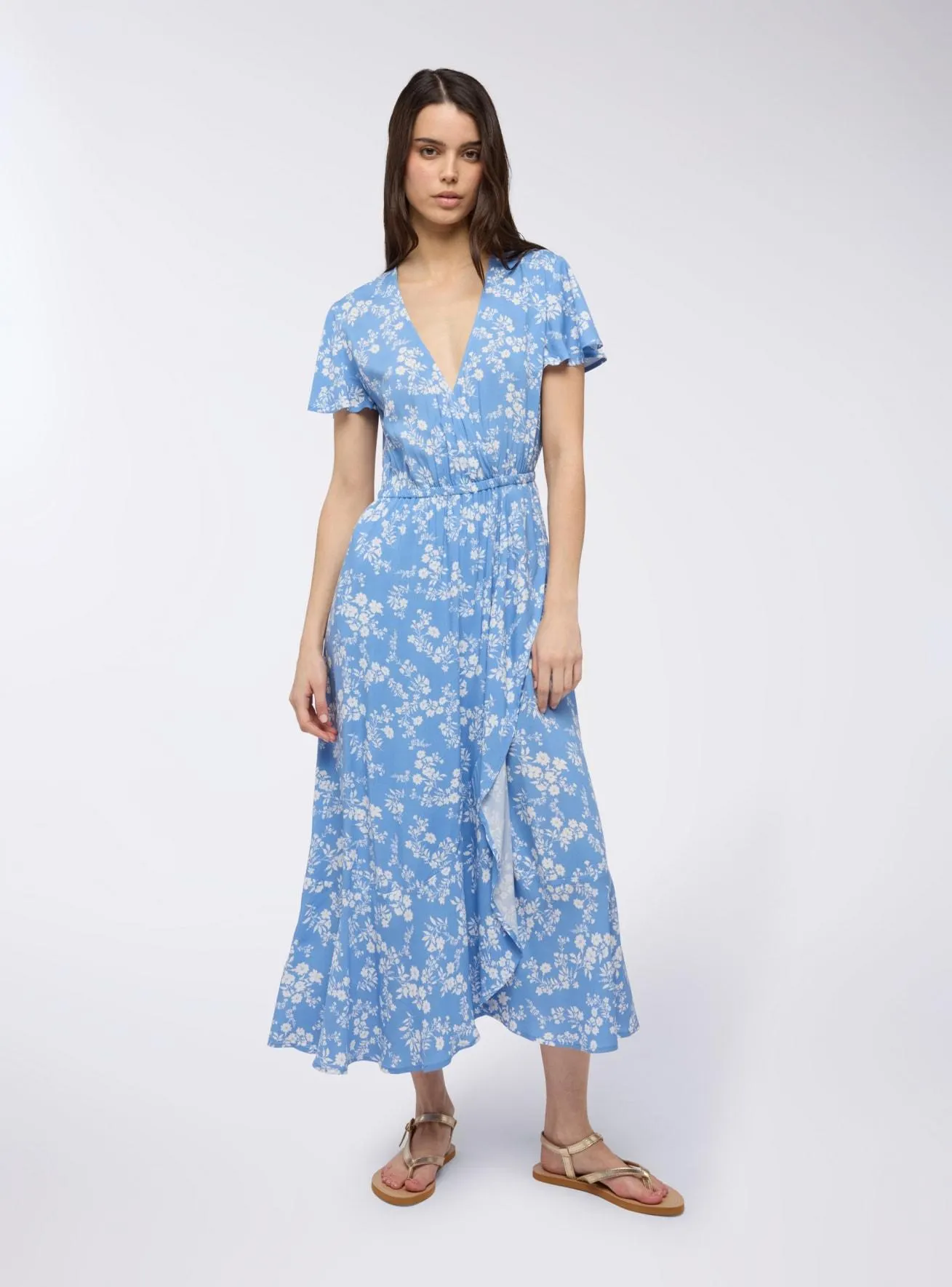 Vestito a portafoglio lungo con fiori Var celeste