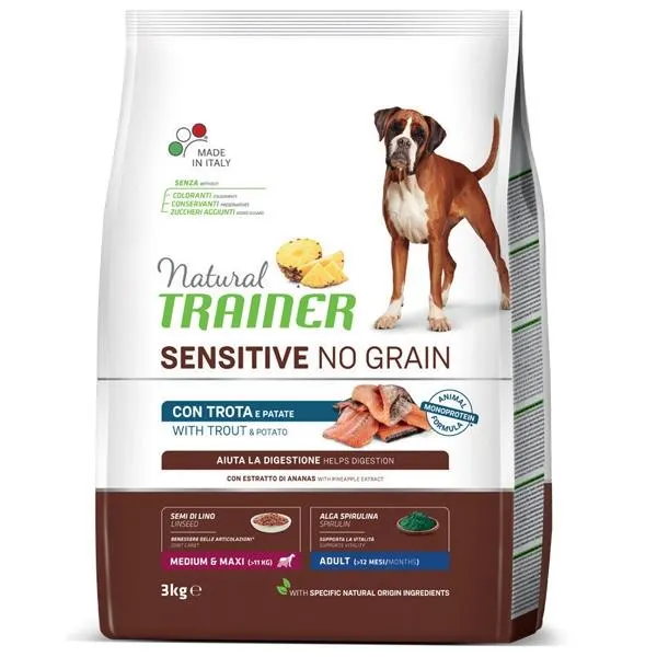 Trainer - Natural Sensitive No Grain Medium & Maxi Adult con Trota e Cereali Integrali