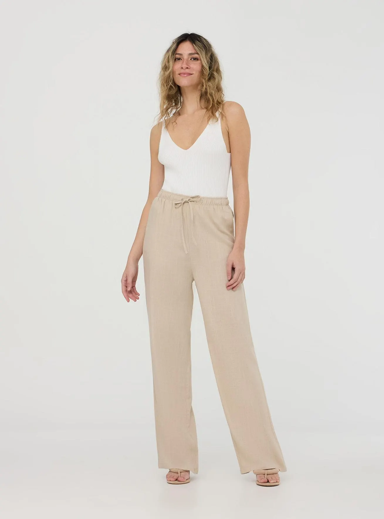 Pantaloni wide leg in misto lino con coulisse Sabbia