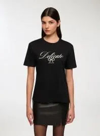 T-shirt ampia con scritta e fiocco Nero