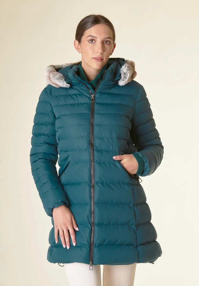 Piumino lungo verde cappuccio bordo ecopelliccia