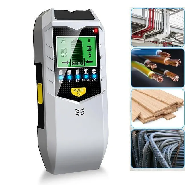 Rilevatore di pareti 5 in 1, rilevatore di metalli, rilevatore di cavi, rilevatore di bulloni con display LCD e allarme (batterie non incluse)