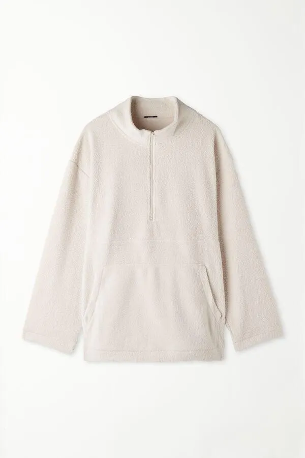 Felpa Manica Lunga in Pile Arricciato con Tasca