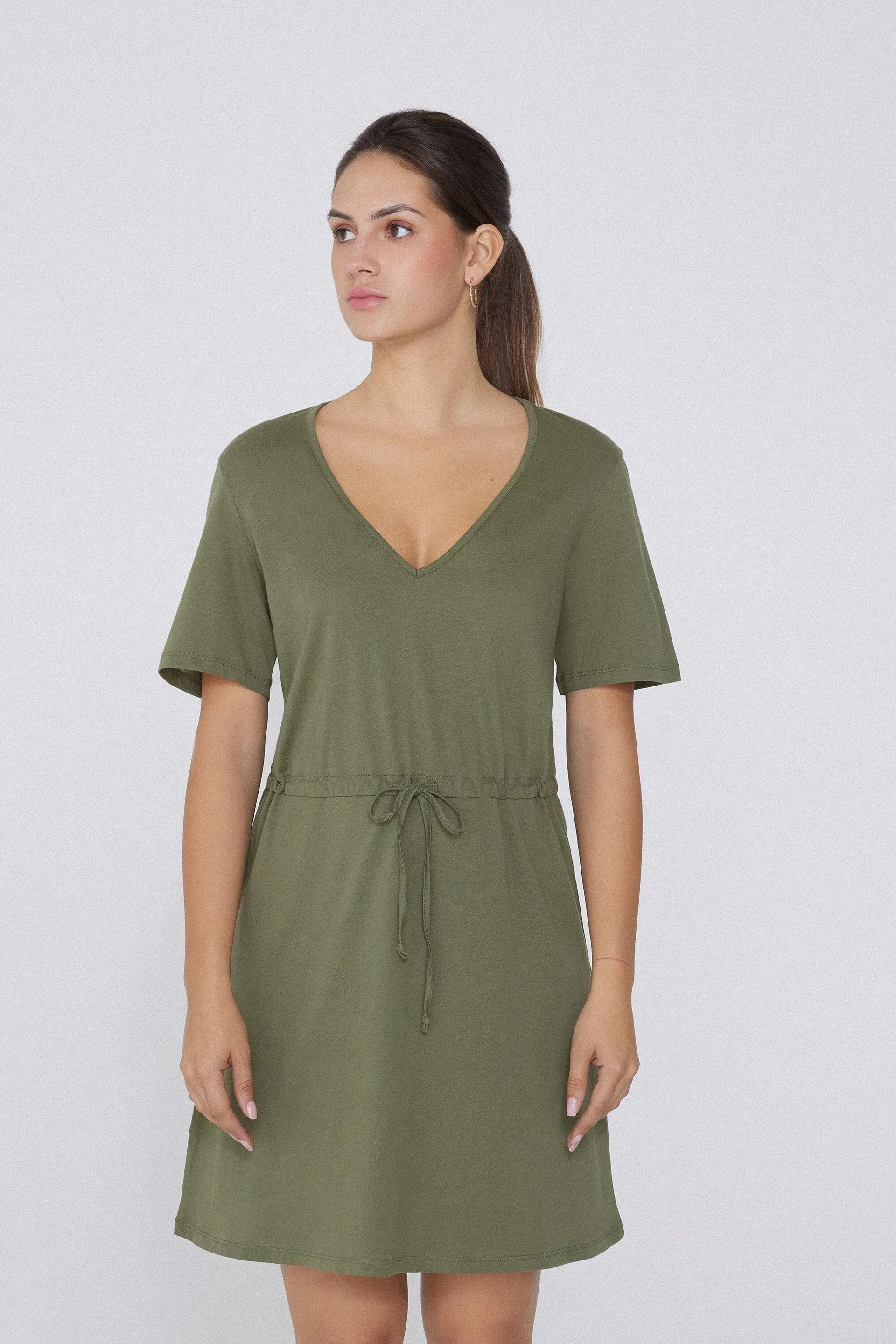 Vestito Corto Mezza Manica in Cotone Scollo a V