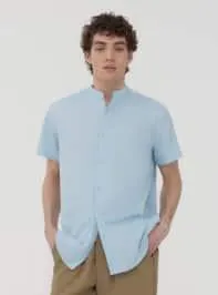 Camicia coreana in misto lino Celeste