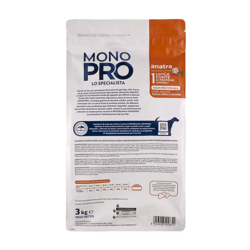 Monopro Dog Adult Medium&Large Grain Free Anatra 3 kg 000125662