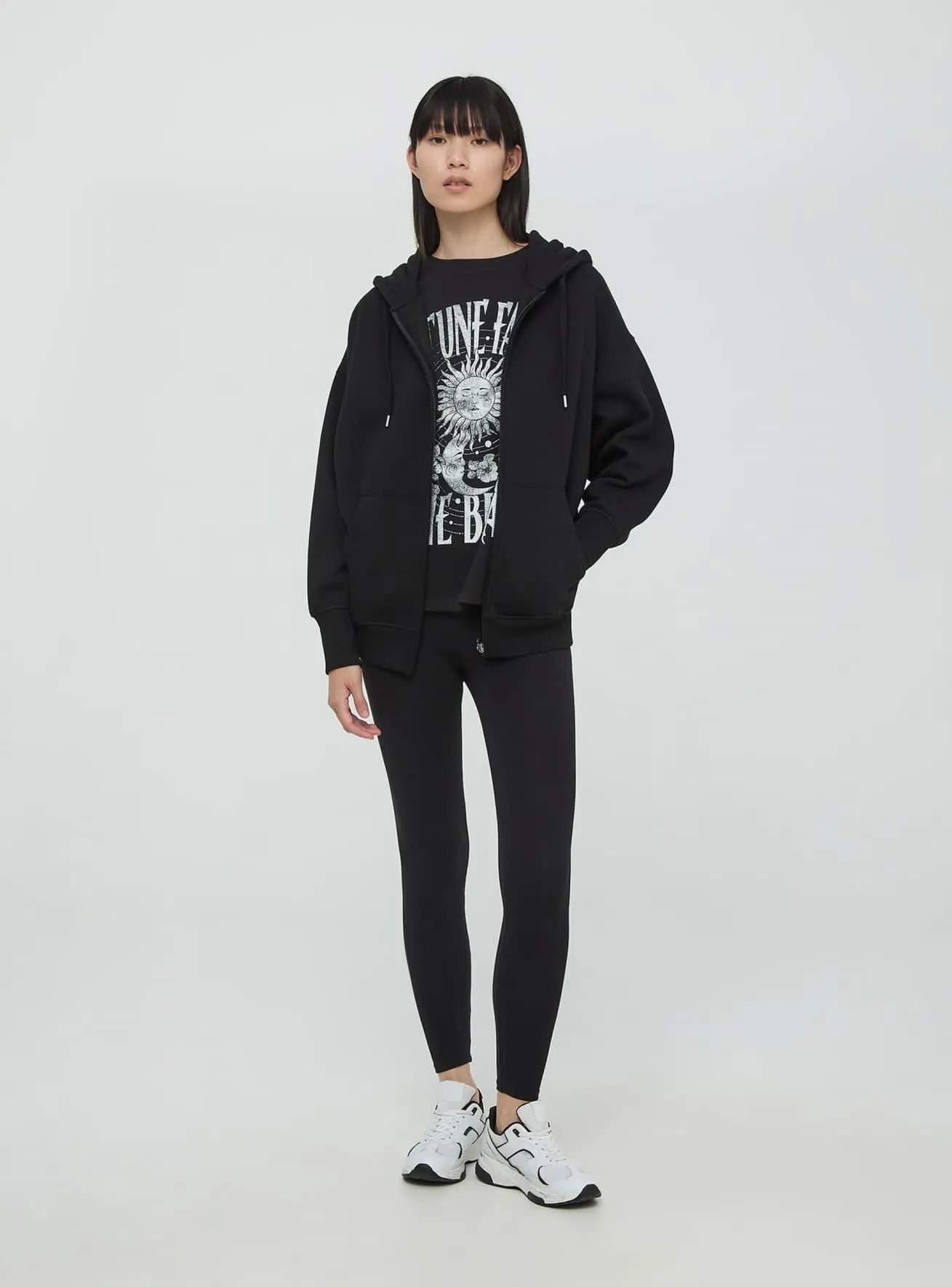 Felpa pesante maxi con cappuccio e zip a tinta unita Nero