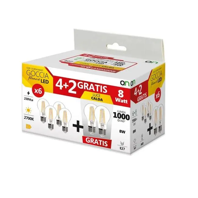 Set da 6 lampadine Goccia Filament Led X6, LED filamento, E27 goccia, trasparente, 8W= (equiv 75 W), 360°