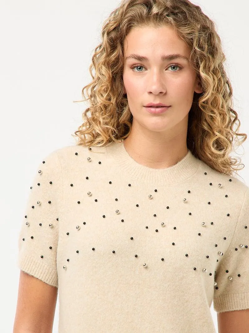 Abito maglione in maglia morbida con perle - Beige