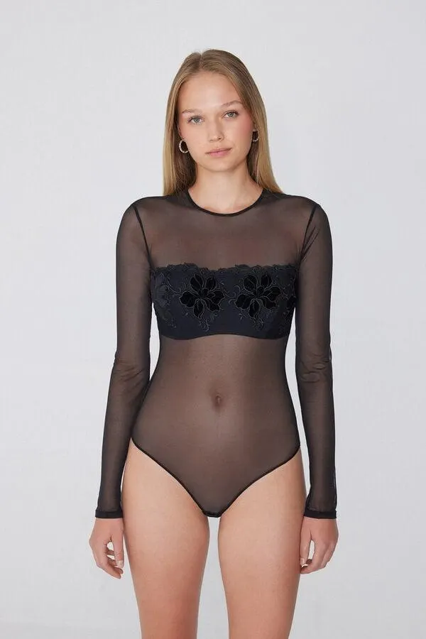 Body Manica Lunga Velvet Embroidery