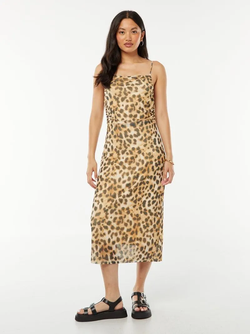 Vestito midi in mesh con stampa leopardata e scollo a cascata - Marrone
