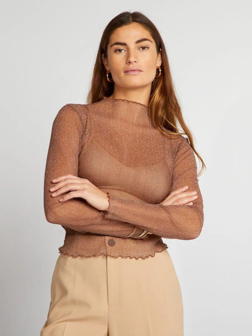 T-shirt trasparente metallizzata con bordi con volant - MARRONE