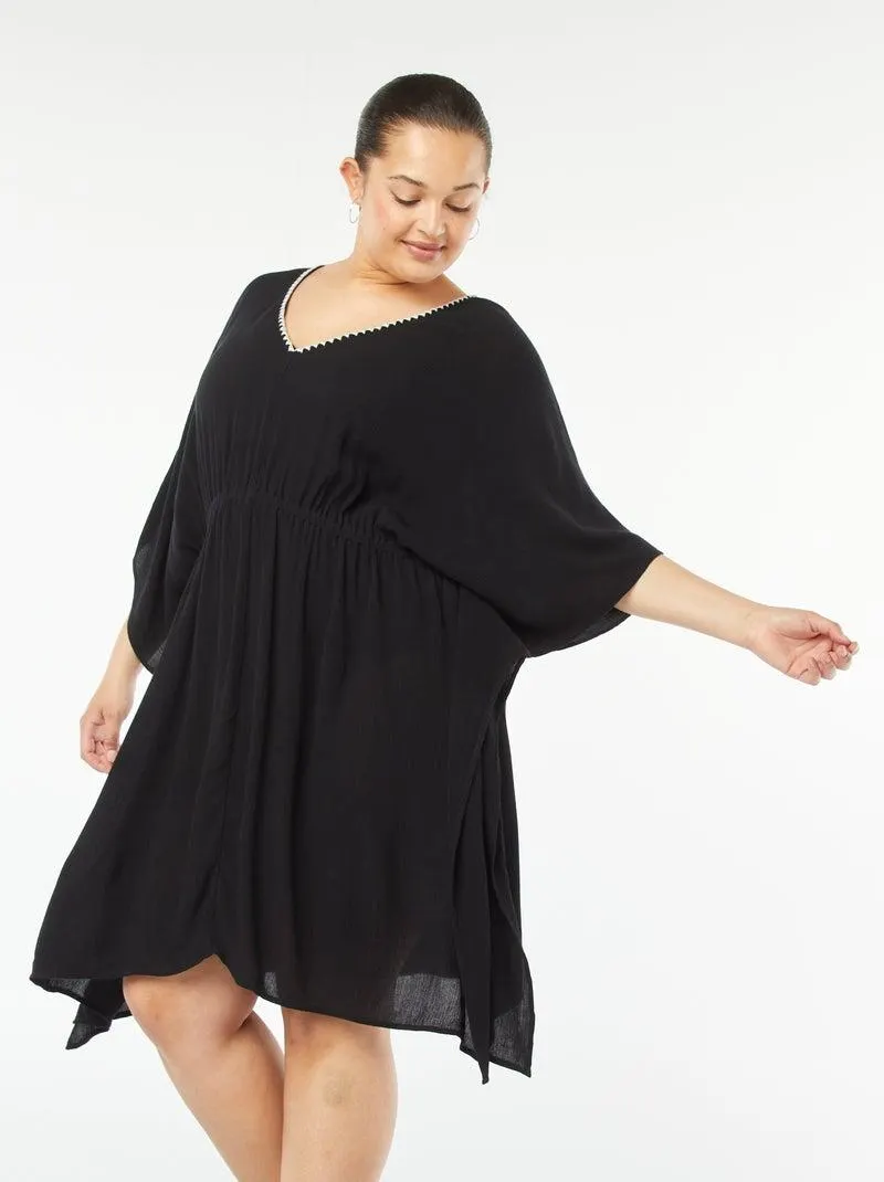 Tunica da spiaggia con scollo ricamato - nero