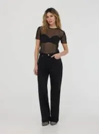 T-shirt in tulle con strass all-over Nero