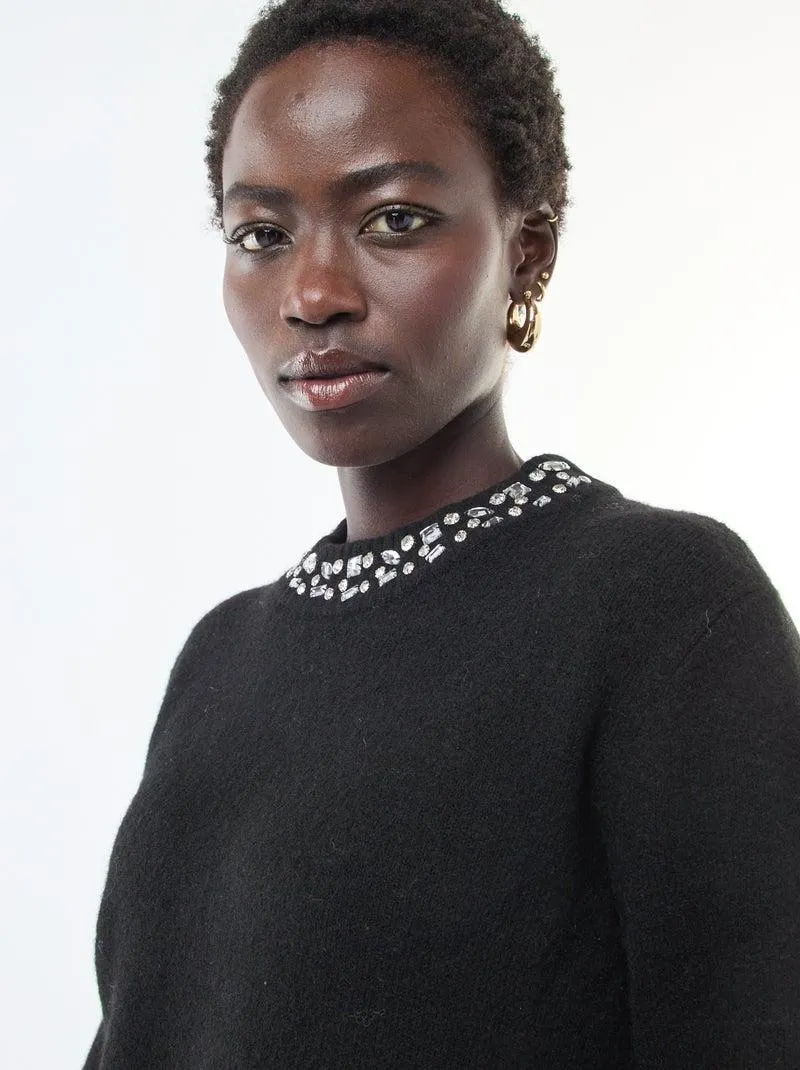 Abito maglia corto con collo con strass - Nero