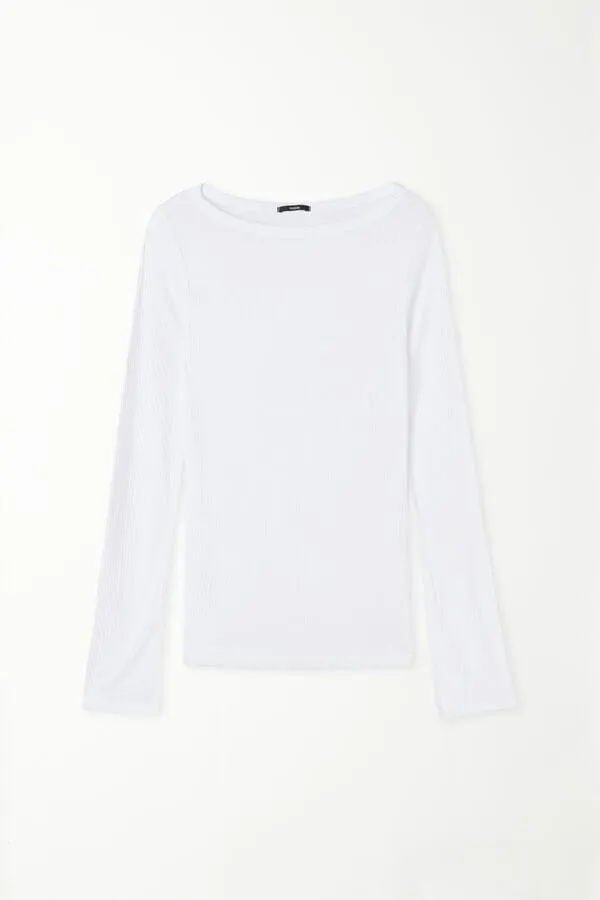 Maglia Manica Lunga Scollo Barchetta Viscosa Ultraleggera a Costine