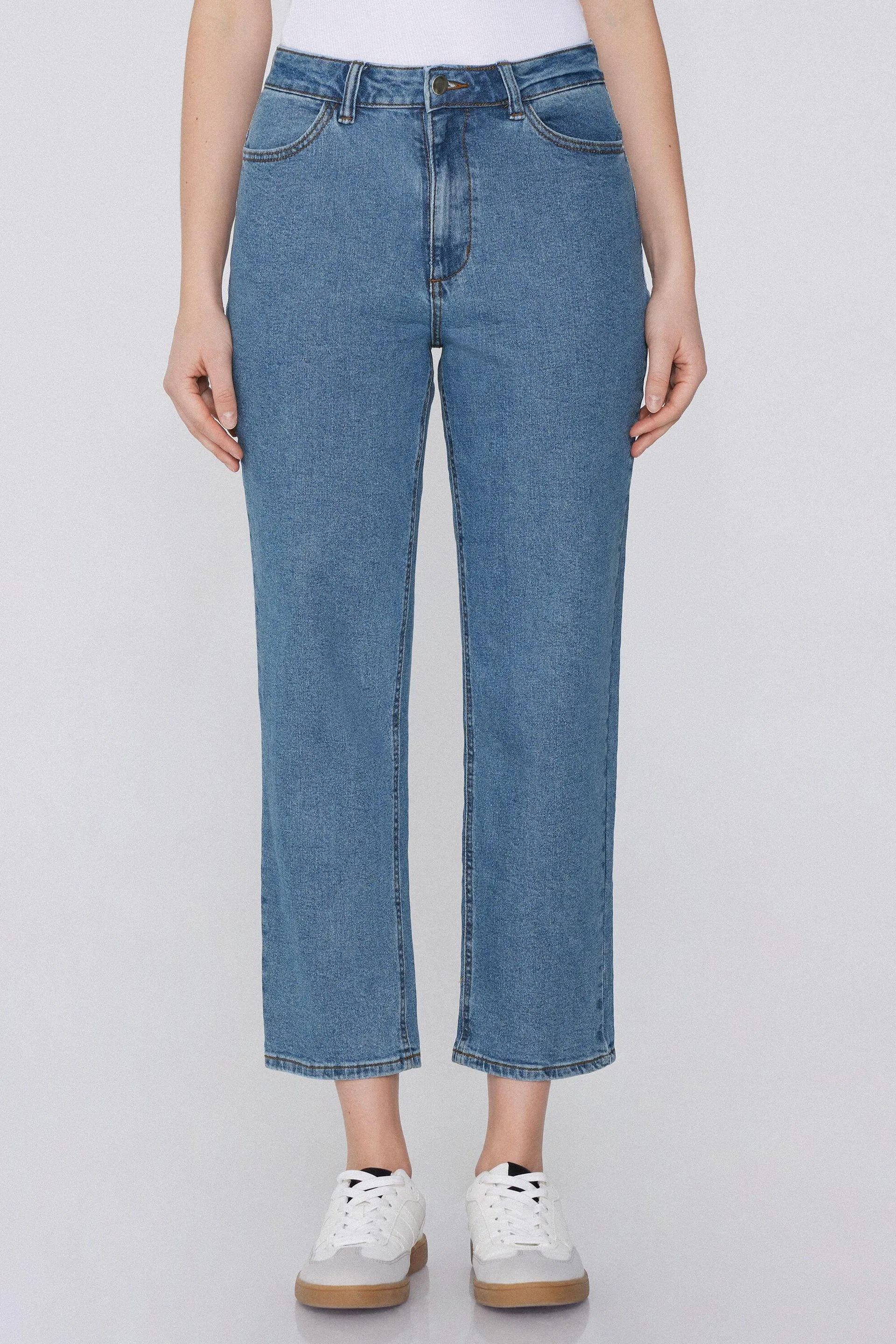 Jeans Vita Alta Denim Dritto con Tasche