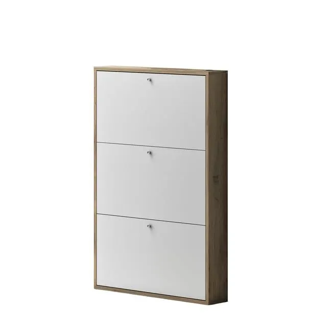 Scarpiera Slim 3 ante L 73 x H 110 x P 15 cm 9 paia, bianco e rovere naturale