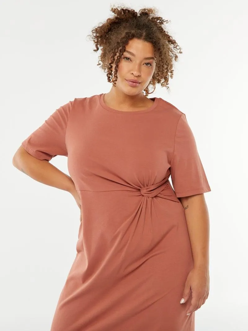 Vestito tinta unita drappeggiato taglio midi - ROSA