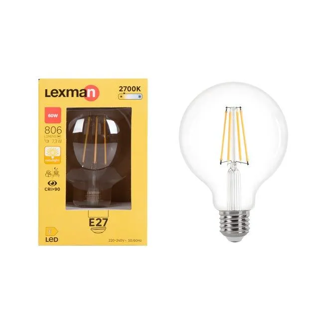 Lampadina LED, E27 globo, trasparente, luce calda, 7.3W= 806 LM (equiv 60 W), 330°, LEXMAN