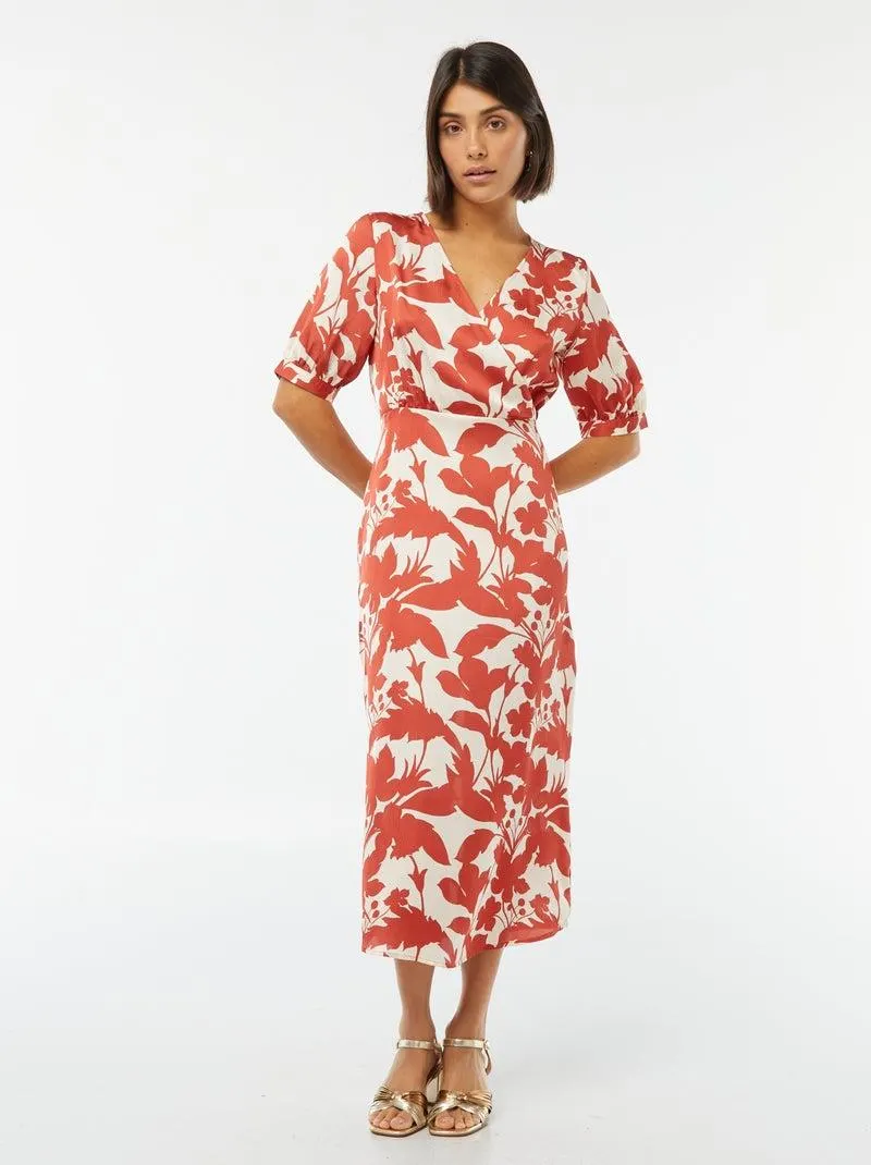 Vestito midi con motivo e scollo incrociato - Rosso