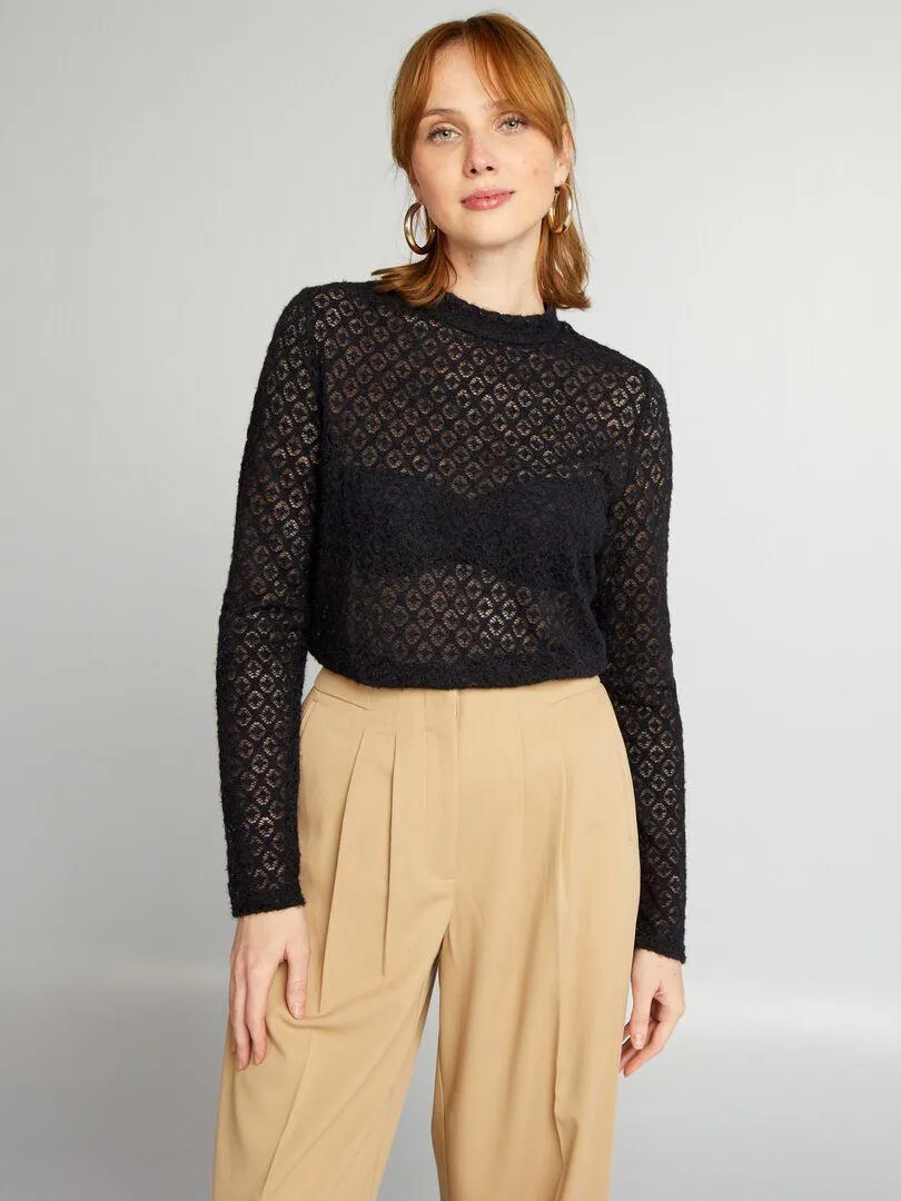 T-shirt in pizzo a maniche lunghe - nero