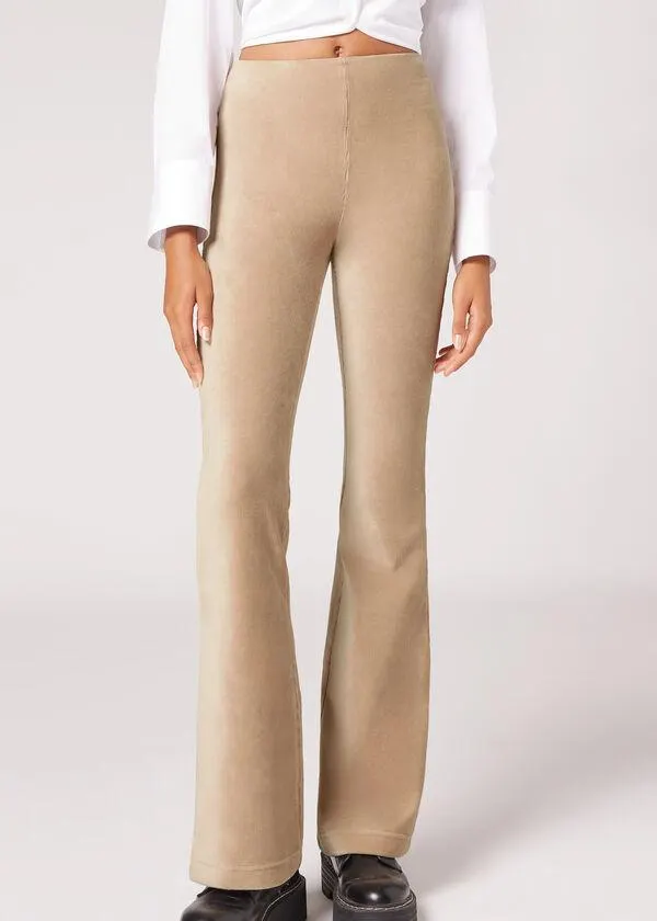 Leggings a Zampa in Velluto Millerighe