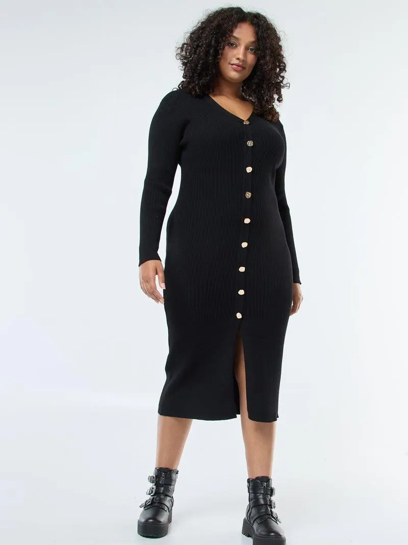 Abito lungo a coste con bottoni dorati - Nero