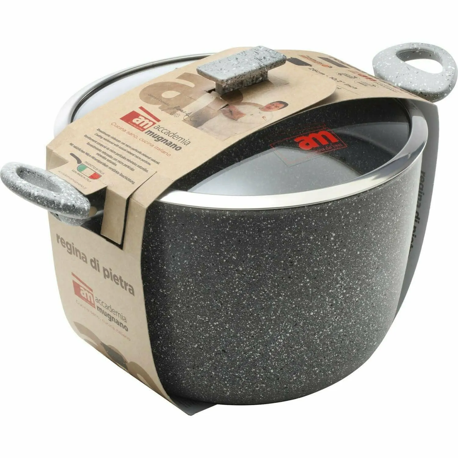 Pentola antiaderente 2 manici con coperchio in vetro Regina di pietra induction