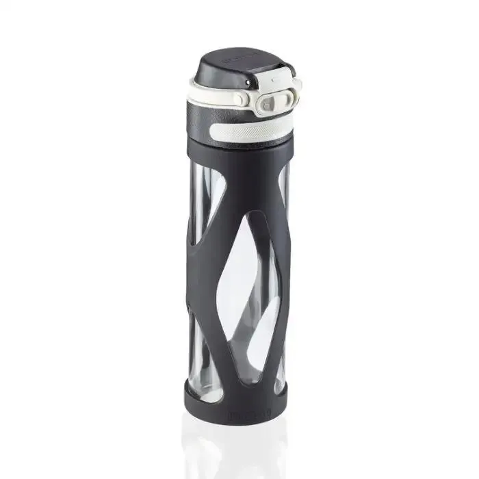 Leifheit 03254 borraccia uso quotidiano, fitness, sport 600 ml vetro, polipropilene (pp), silicone nero, trasparente